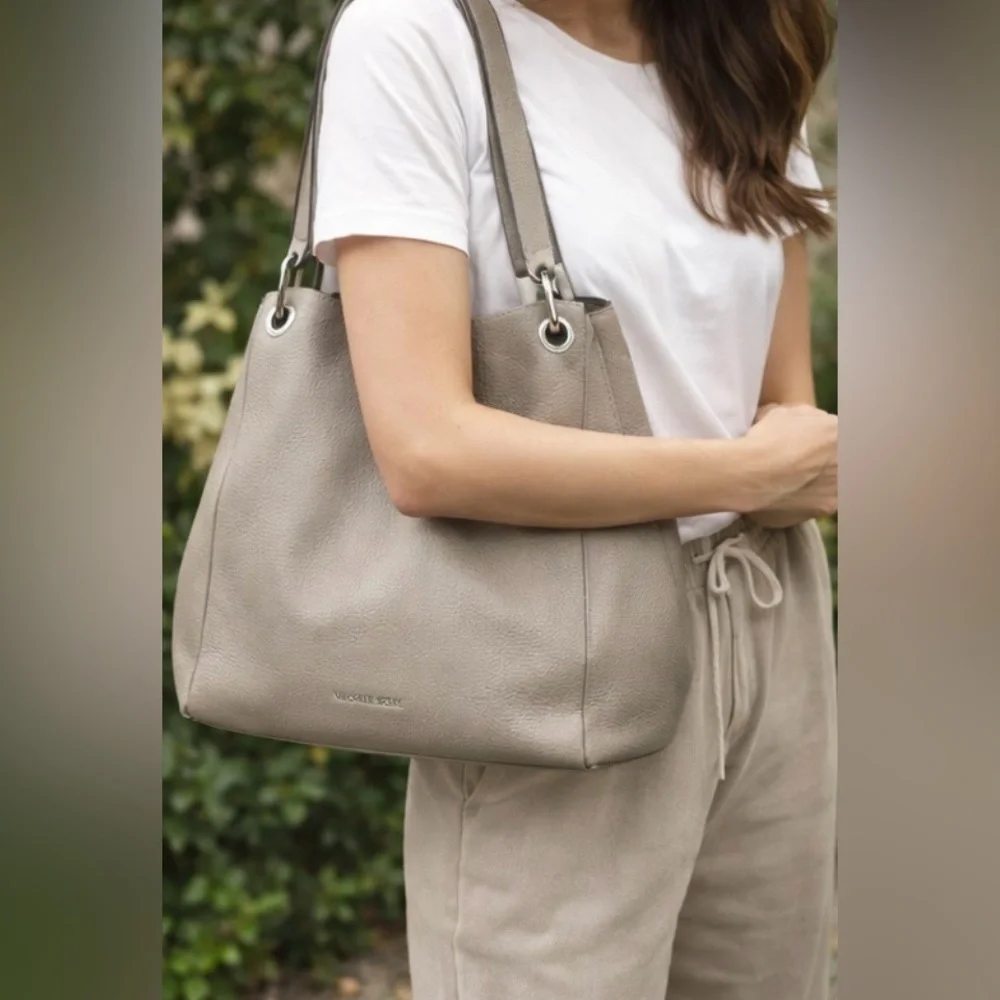 Michael Kors Raven Large Pebbled Leather Shoulder Bag Taupe Silver Hardware